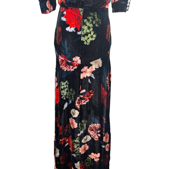 NWT Cara Cara 4 Floral Velvet Midi Dress Rhinestone Buttons V-Neck Puff Sleeves - Picture 11 of 16